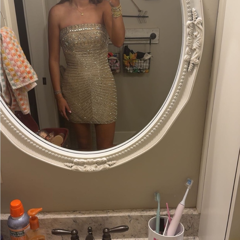 Primavera Couture Strapless Gold Mini Dress